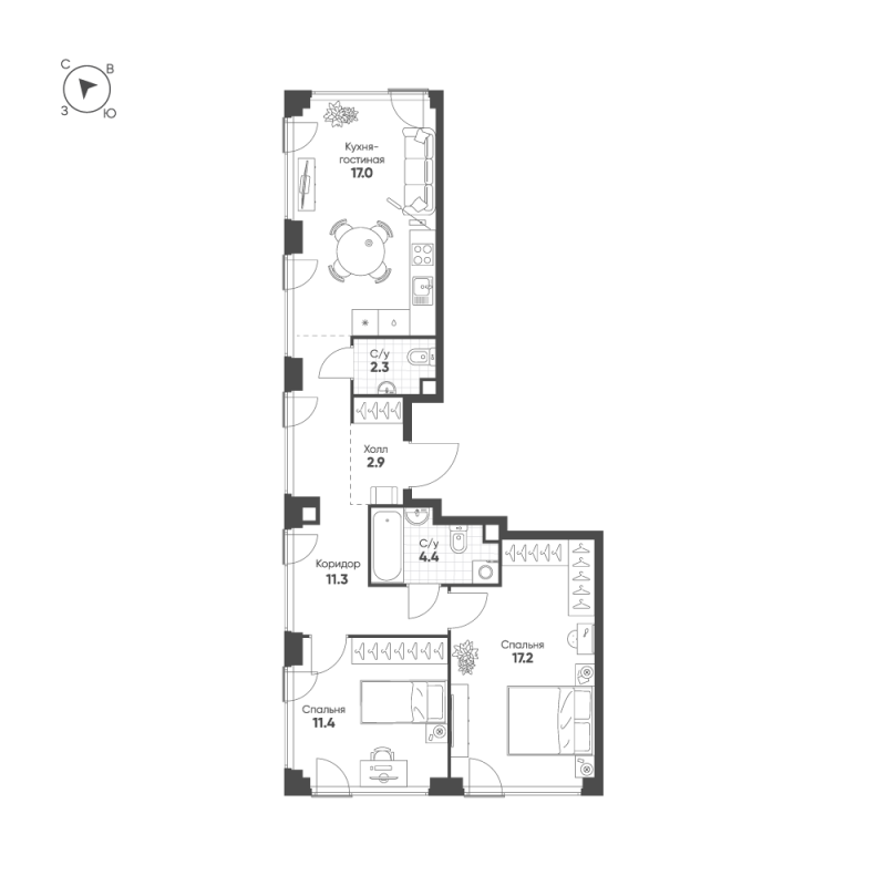 3 ккв (Евро) 66,5 м²