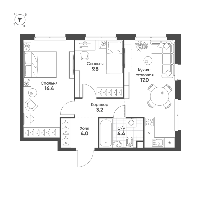 3 ккв (Евро) 54,8 м²