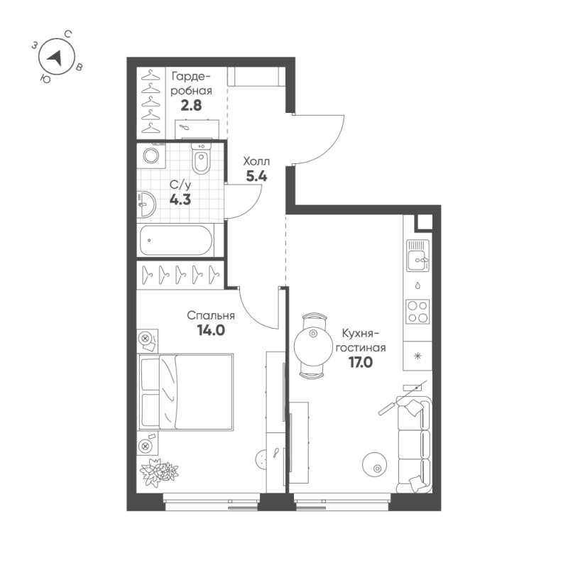 2 ккв (Евро) 43,5 м²
