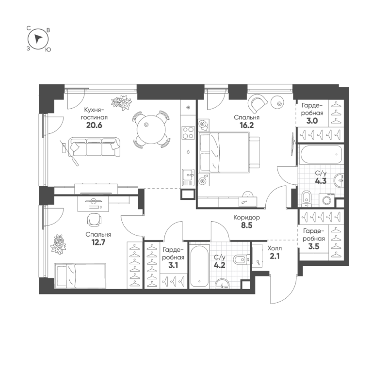 3 ккв (Евро) 78,2 м²