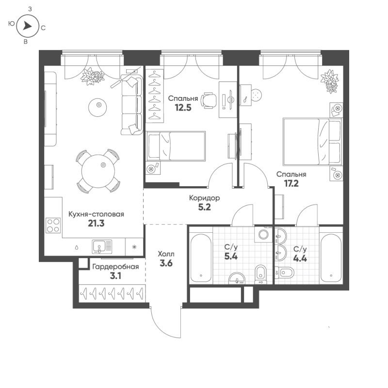 3 ккв (Евро) 72,7 м²