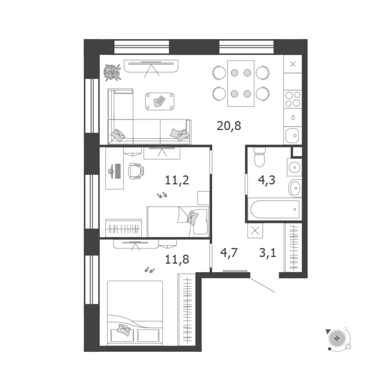 3 ккв (Евро) 55,9 м²