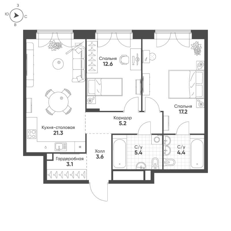 3 ккв (Евро) 72,8 м²