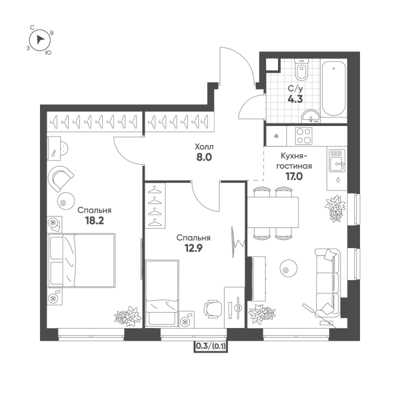 3 ккв (Евро) 60,5 м²
