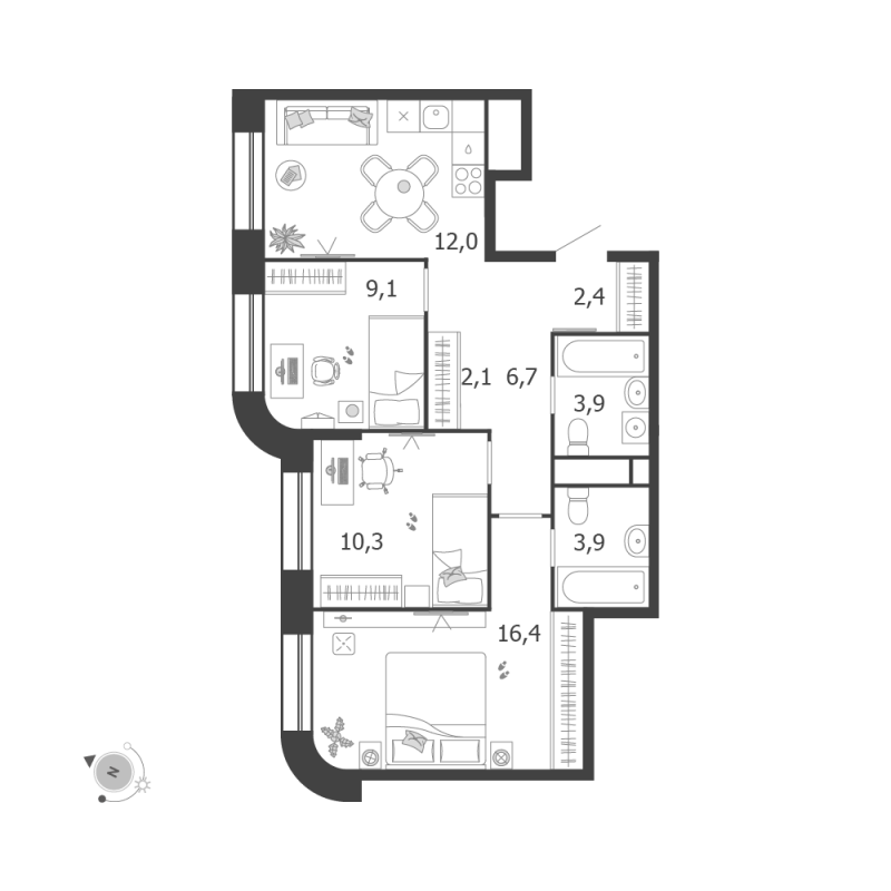 3 ккв 66,8 м²