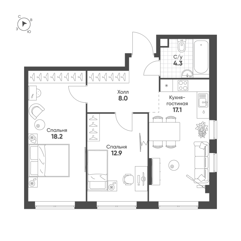 3 ккв (Евро) 60,5 м²