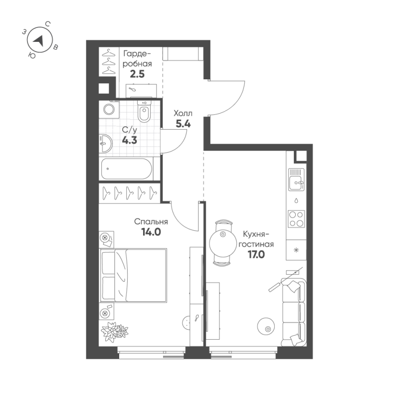2 ккв (Евро) 43,2 м²