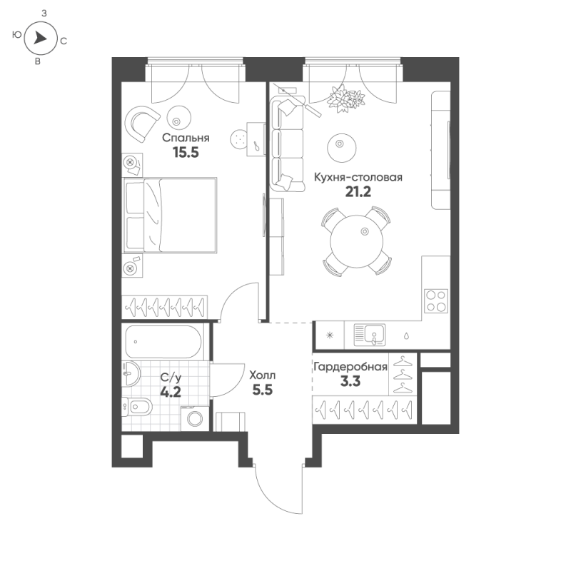 2 ккв (Евро) 49,7 м²