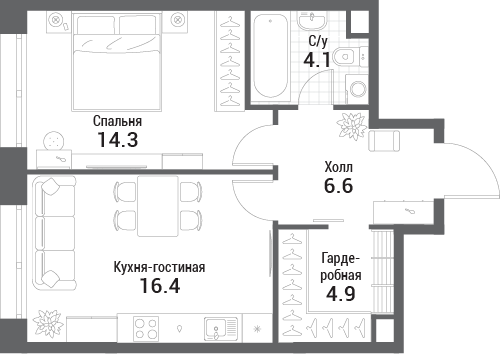2 ккв (Евро) 46,3 м²