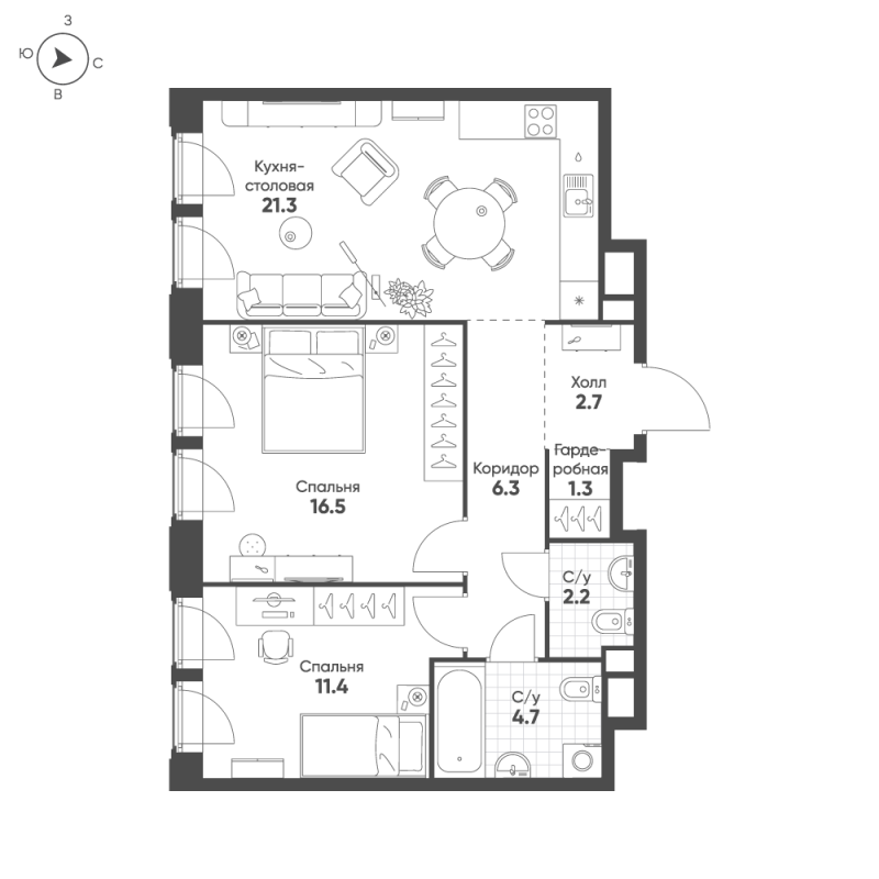 3 ккв (Евро) 66,4 м²