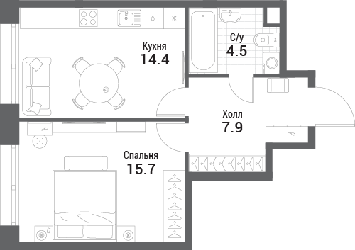 1 ккв 42,5 м²