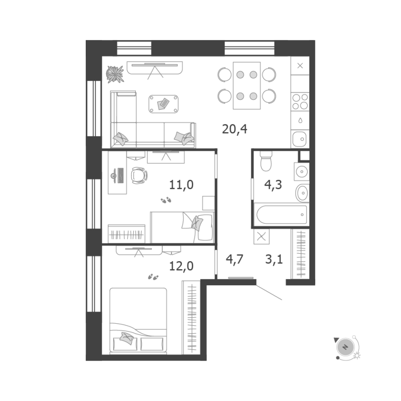 3 ккв (Евро) 55,5 м²