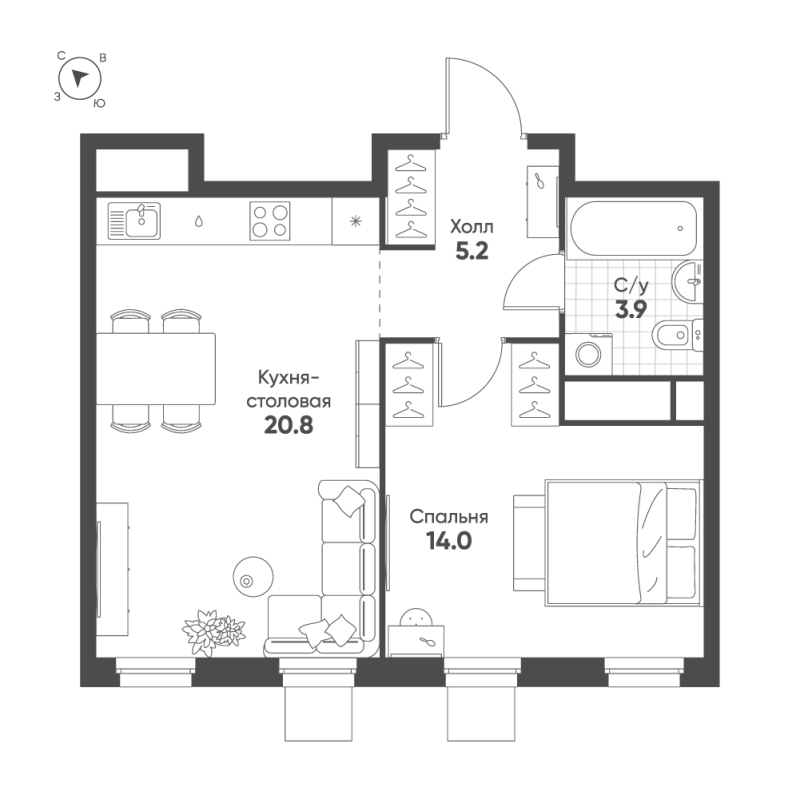 2 ккв (Евро) 43,9 м²