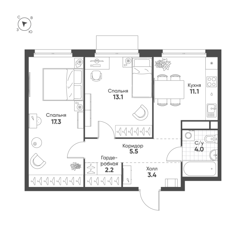 2 ккв 56,6 м²