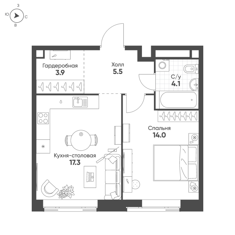 2 ккв (Евро) 44,8 м²