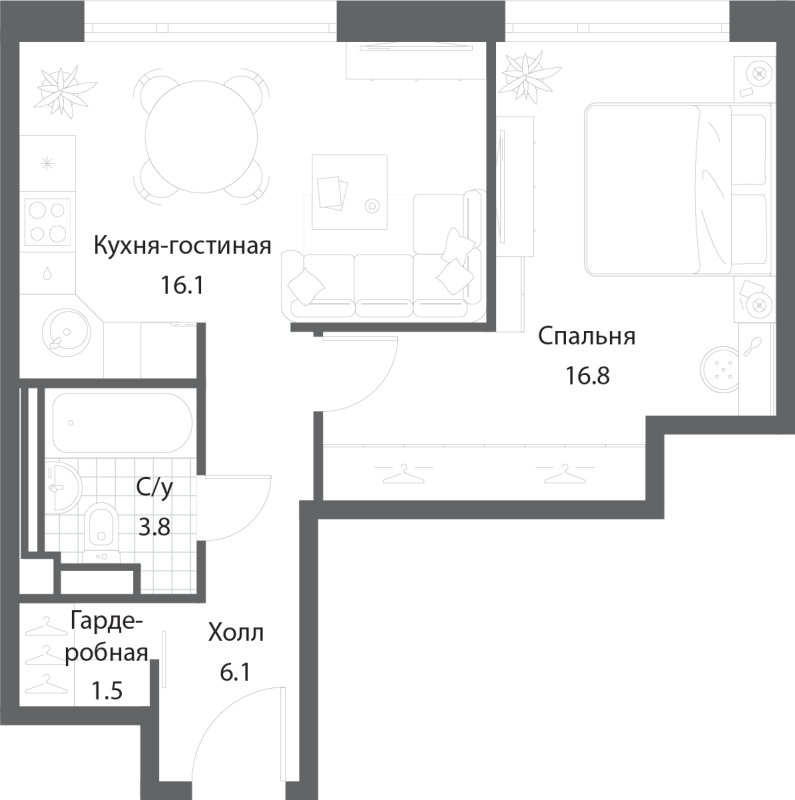 2 ккв (Евро) 43,8 м²