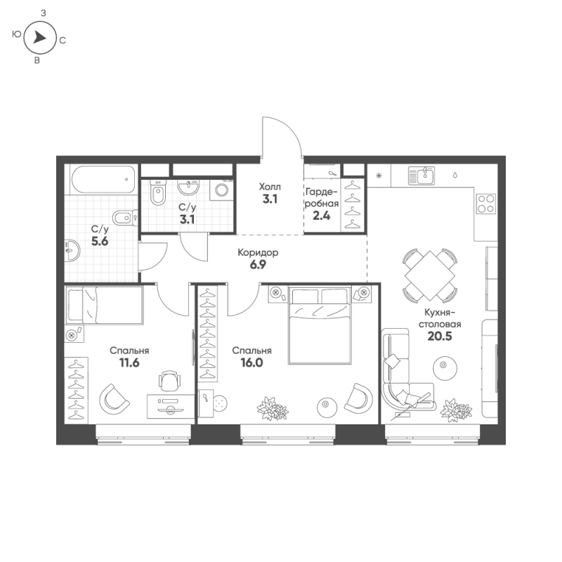 3 ккв (Евро) 69,2 м²