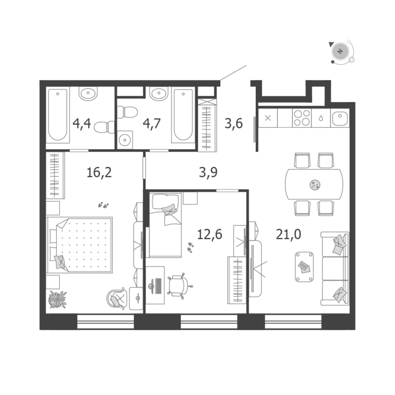 3 ккв (Евро) 66,4 м²