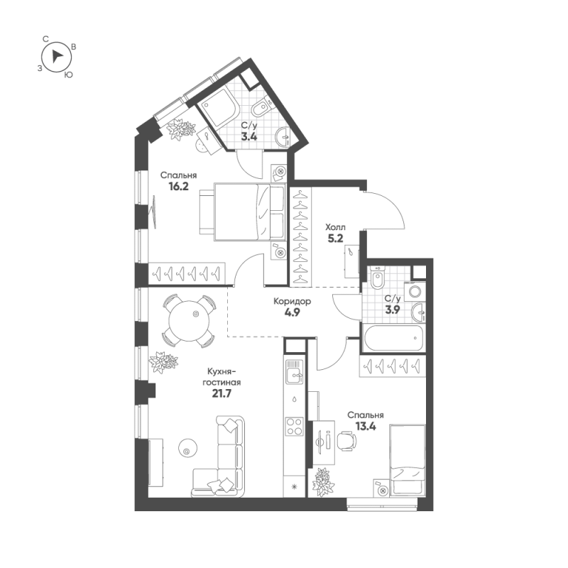 3 ккв (Евро) 68,7 м²