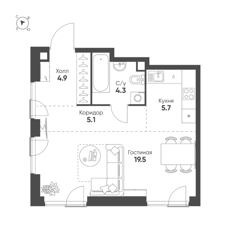 Студия 39,5 м²