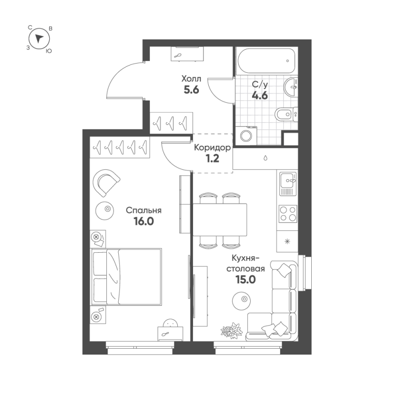 1 ккв 42,4 м²