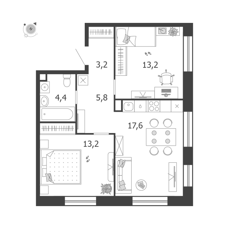 3 ккв (Евро) 57,4 м²