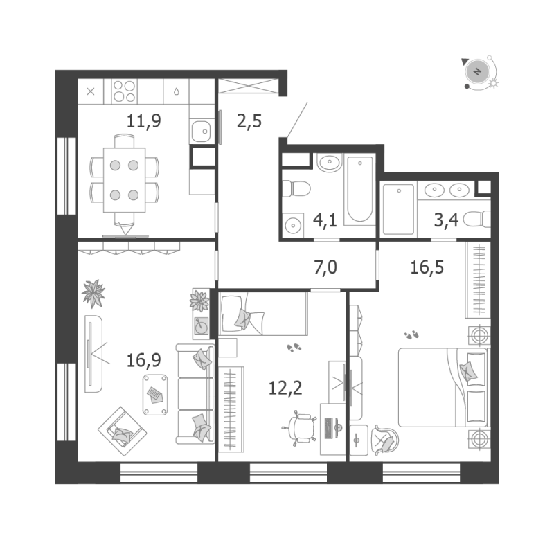 3 ккв 74,5 м²