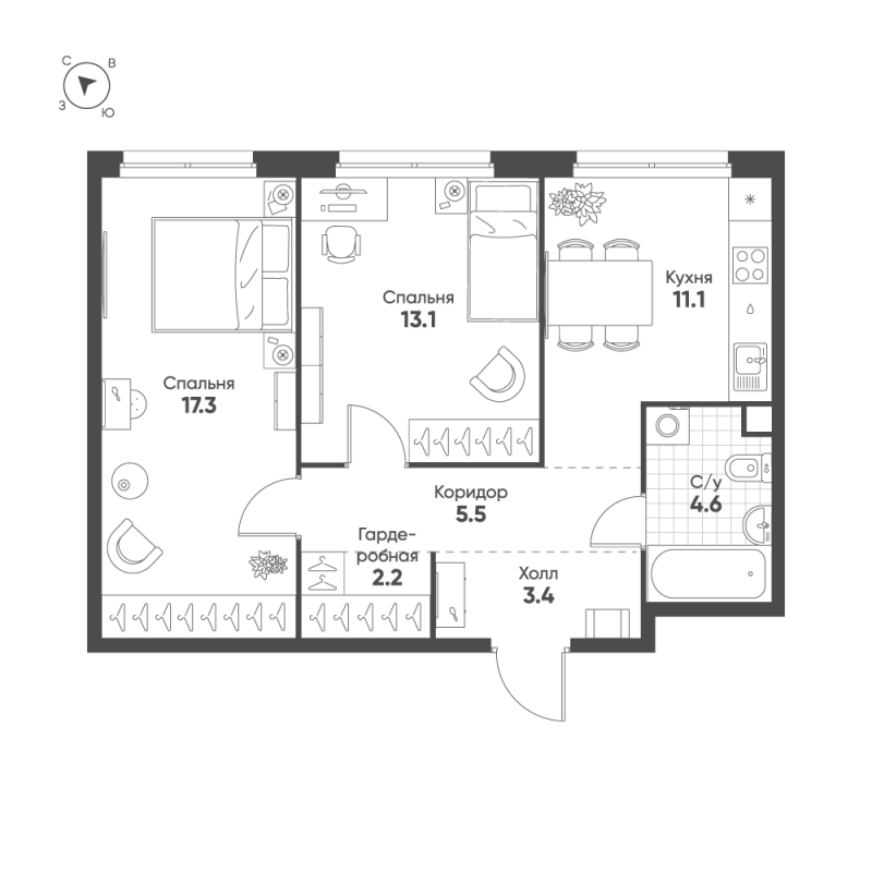 2 ккв 57,2 м²