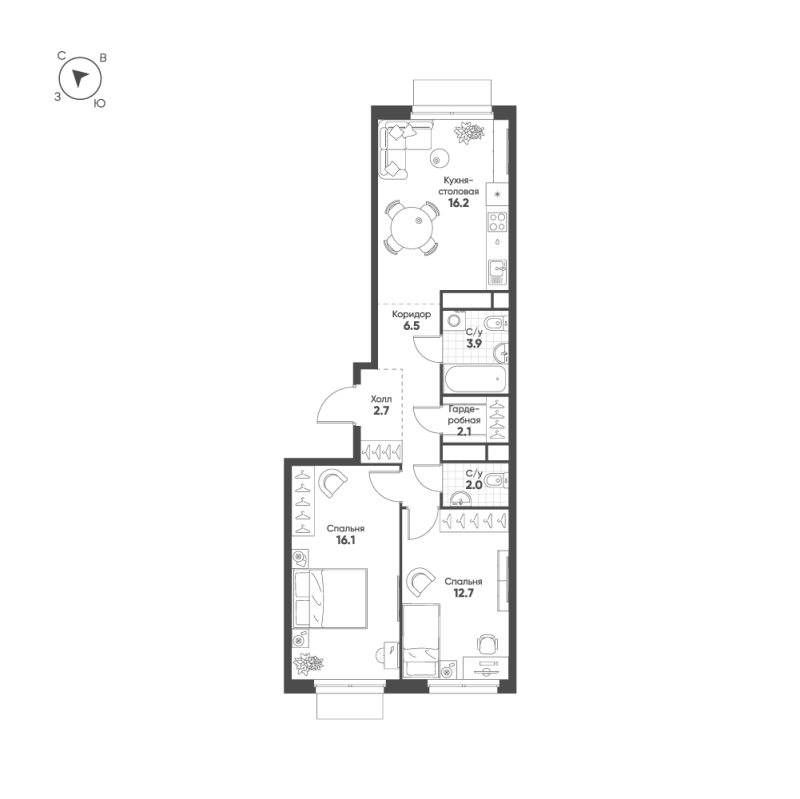 3 ккв (Евро) 62,2 м²