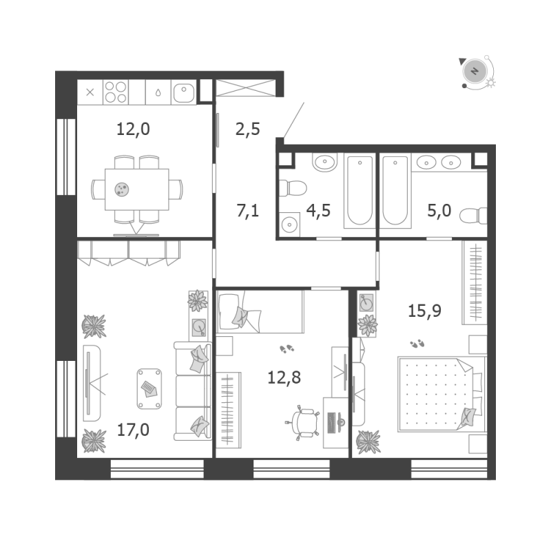 3 ккв 76,8 м²