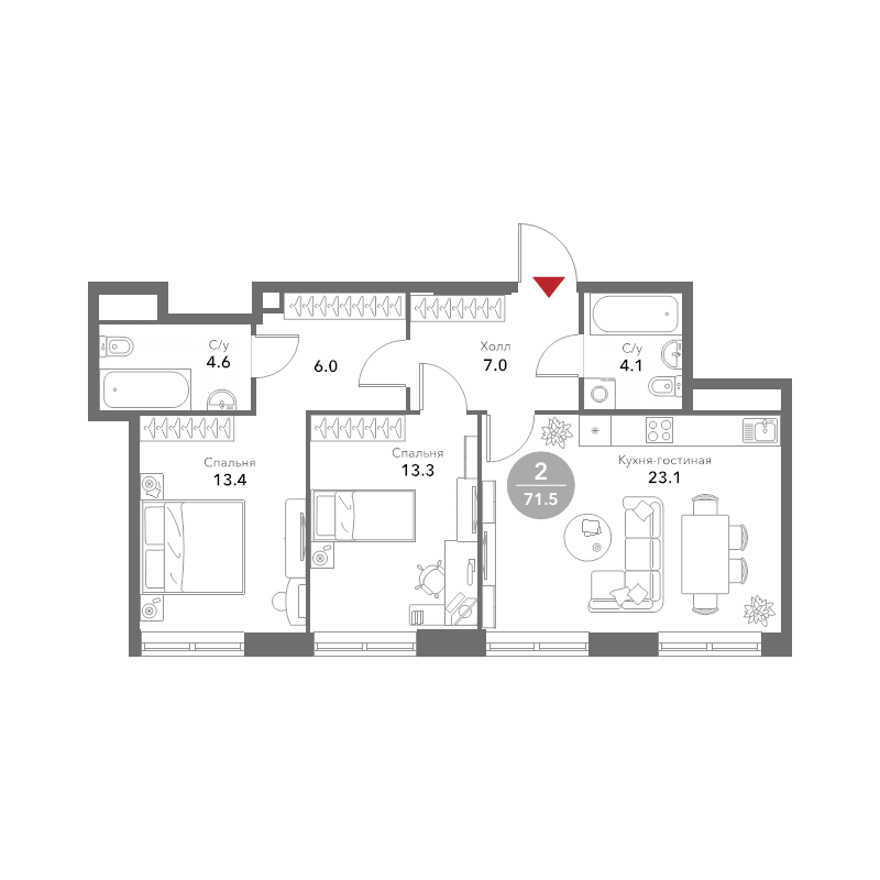 3 ккв (Евро) 71,6 м²