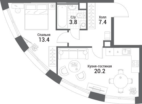 2 ккв (Евро) 44,8 м²