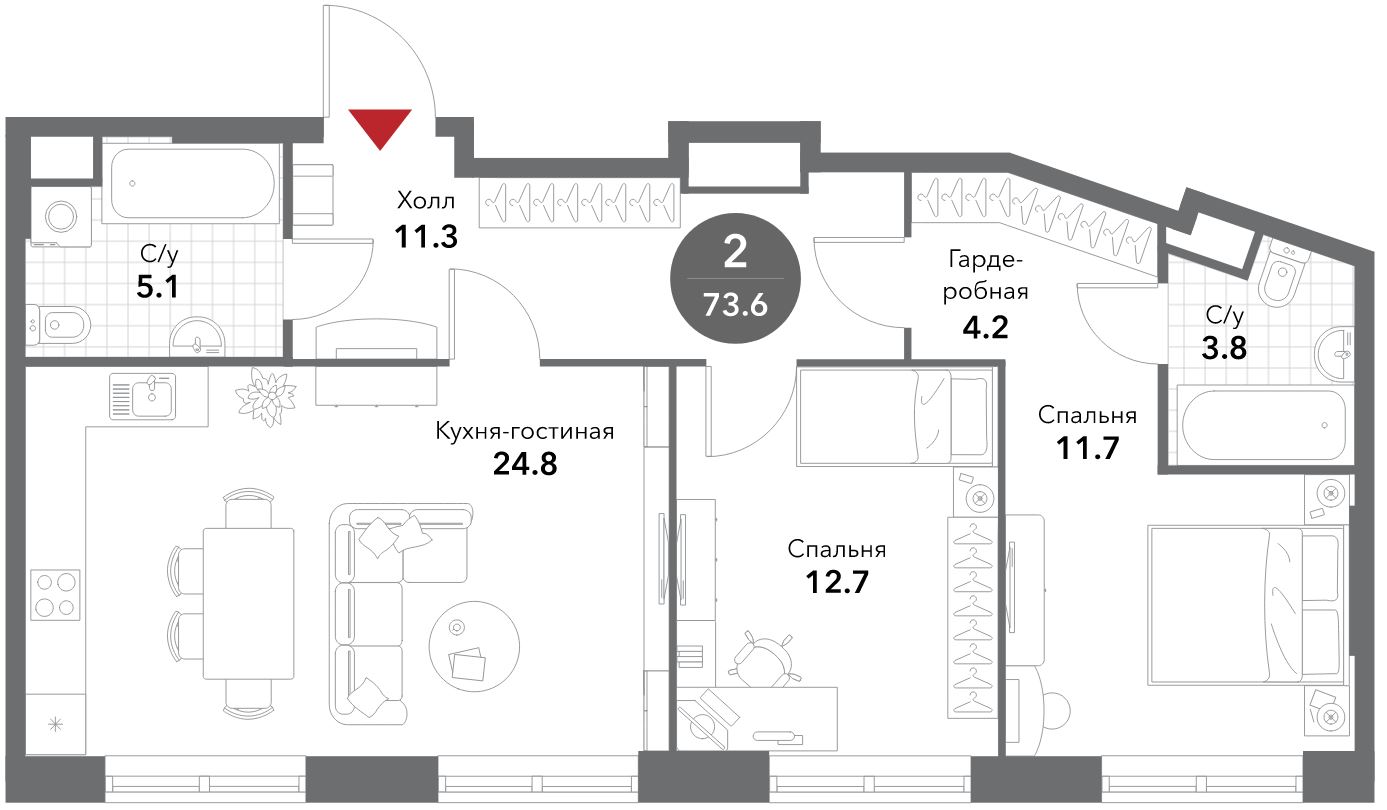 3 ккв (Евро) 73,9 м²