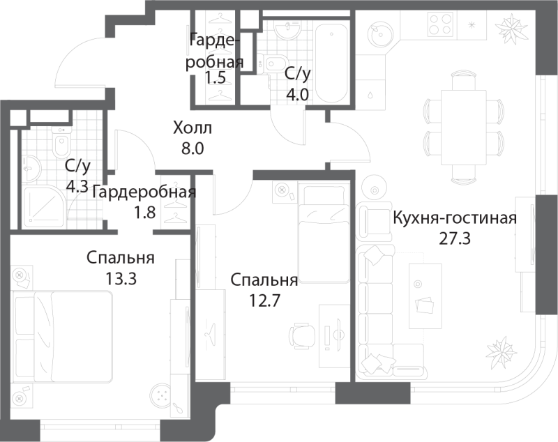 3 ккв (Евро) 72,6 м²