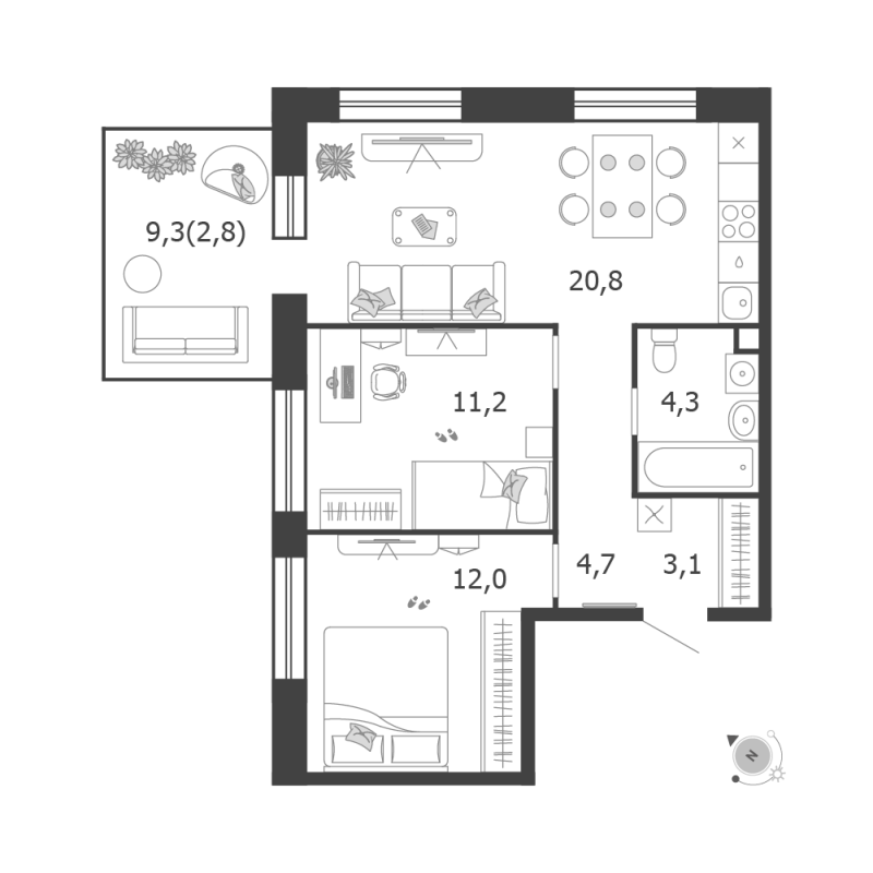 3 ккв (Евро) 58,9 м²