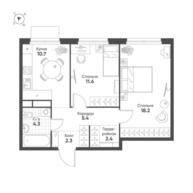 2 ккв 54,9 м²