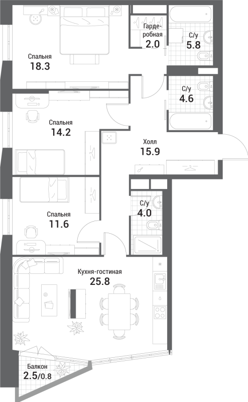 4 ккв (Евро) 102,8 м²