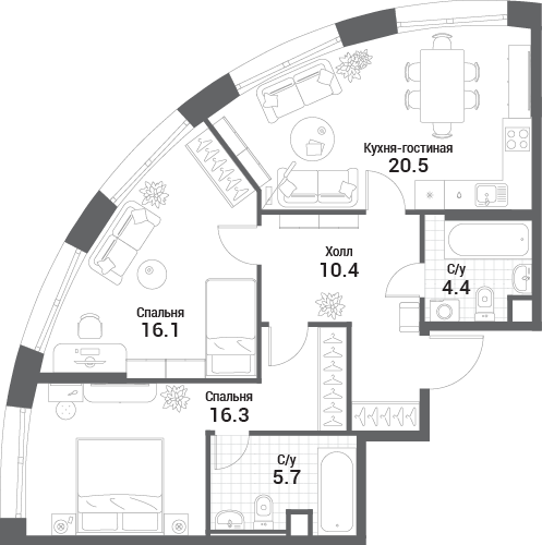 3 ккв (Евро) 73,4 м²