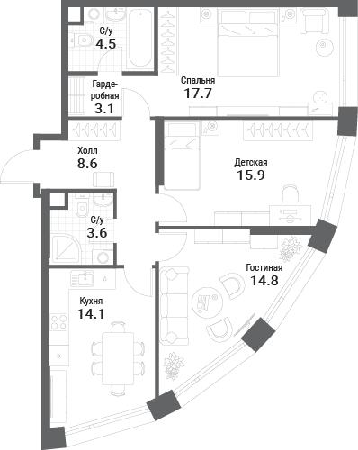3 ккв 82,3 м²