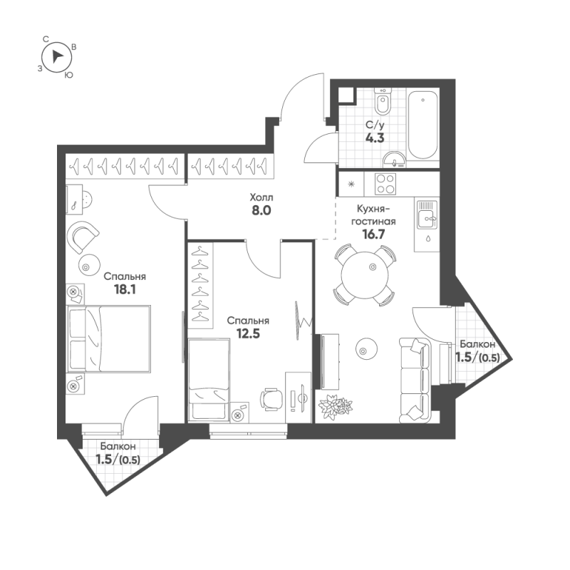 3 ккв (Евро) 60,6 м²
