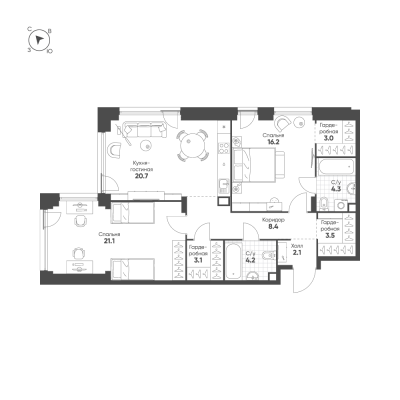 3 ккв (Евро) 86,6 м²