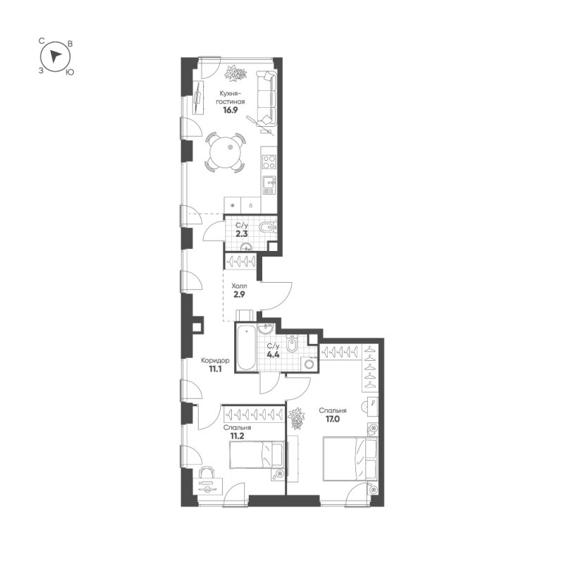 3 ккв (Евро) 65,8 м²