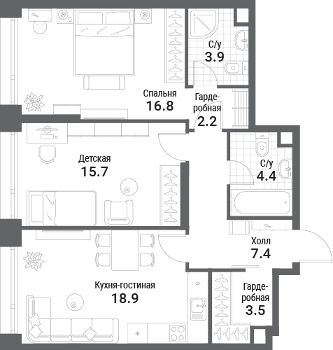 3 ккв (Евро) 72,8 м²