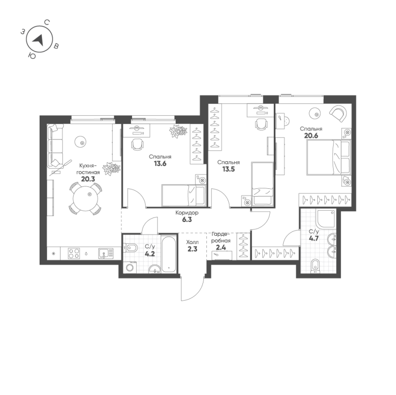 4 ккв (Евро) 87,9 м²