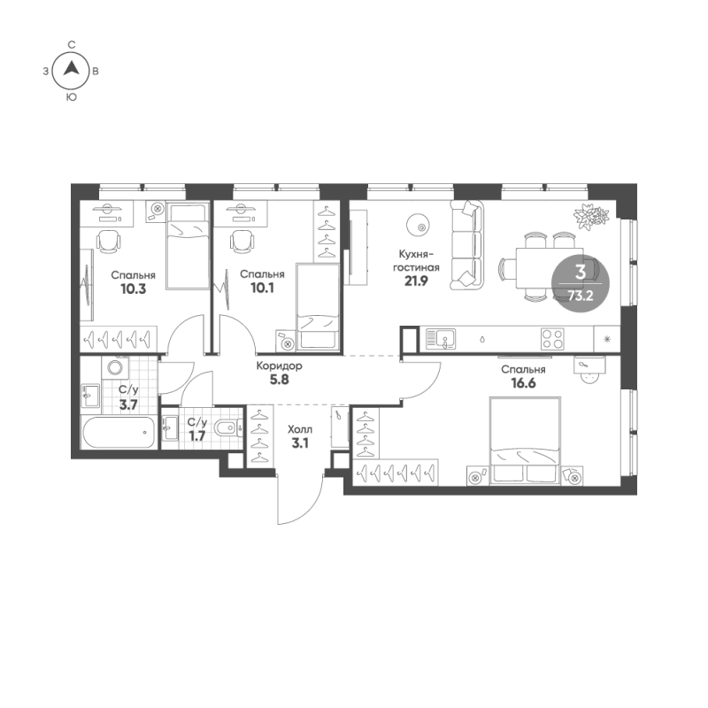 4 ккв (Евро) 73,2 м²