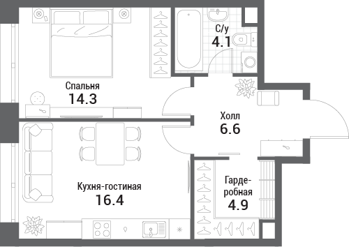 2 ккв (Евро) 46,3 м²