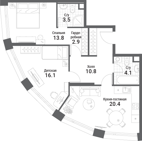 3 ккв (Евро) 71,6 м²
