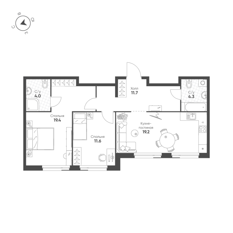 3 ккв (Евро) 70,2 м²