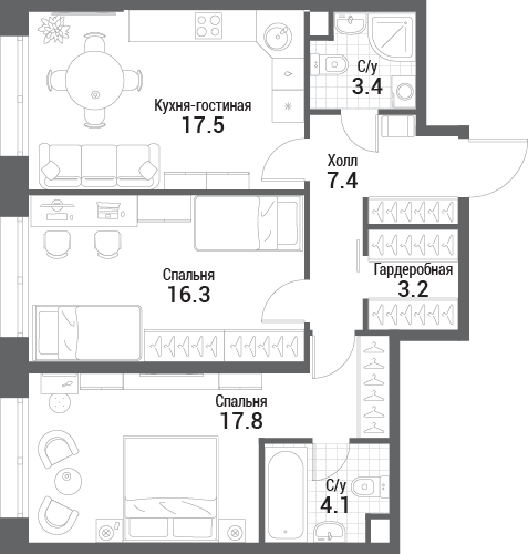 3 ккв (Евро) 69,7 м²