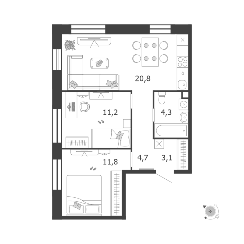 3 ккв (Евро) 55,5 м²